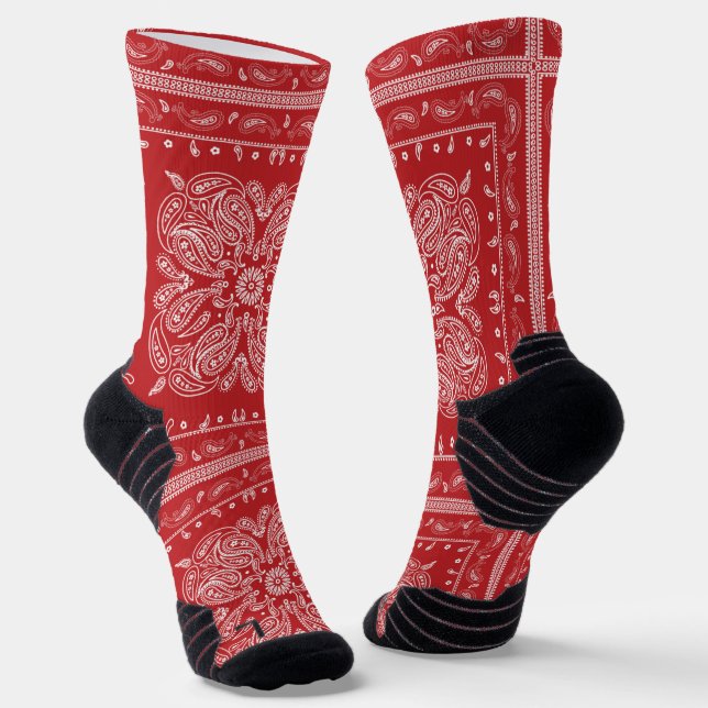 Red Paisley Bandanna Print Socks (Angled)