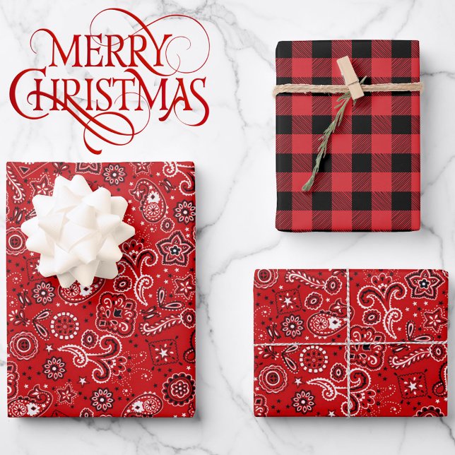 Red Paisley & Buffalo Plaid 3 High Quality Vibrant Wrapping Paper Sheet (Creator Uploaded)
