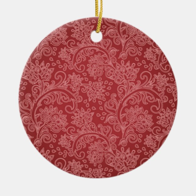 Red Paisley Damask Designer Floral Classic Ceramic Tree Decoration (Front)