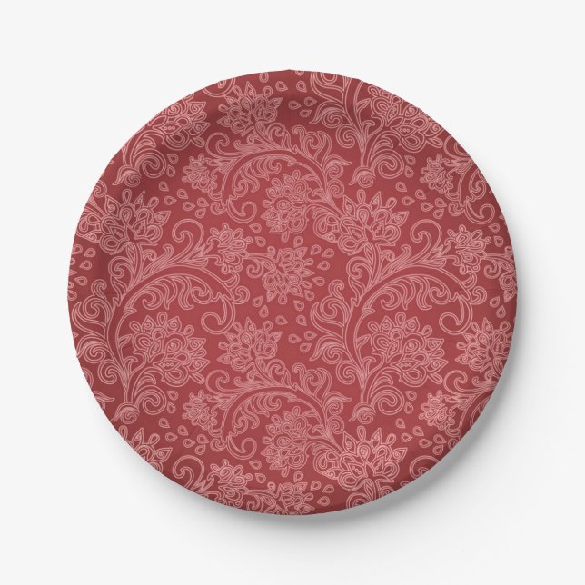 Red Paisley Damask Designer Floral Classic Paper Plate (Front)