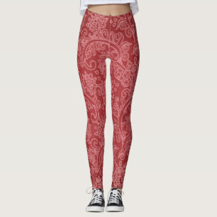 Red Paisley Damask Designer Floral Vintage Classic Leggings
