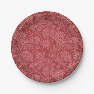 Red Paisley Damask Designer Floral Vintage Classic Paper Plate