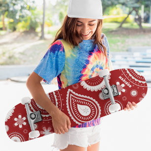 Red Paisley Floral Custom Personalised Name Skateboard