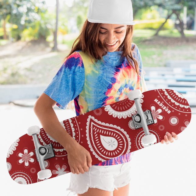 Red Paisley Floral Custom Personalised Name Skateboard (Creator Uploaded)