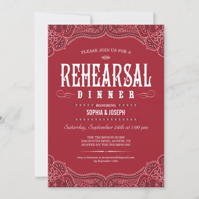Red Paisley Rehearsal Dinner Invitations (Front)