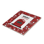 Red Paisley & Retro Stove Kitchen Tile<br><div class="desc">A kitchen tile featuring an illustration of a retro red stove over a background of red paisley.  Personalise with your name.</div>