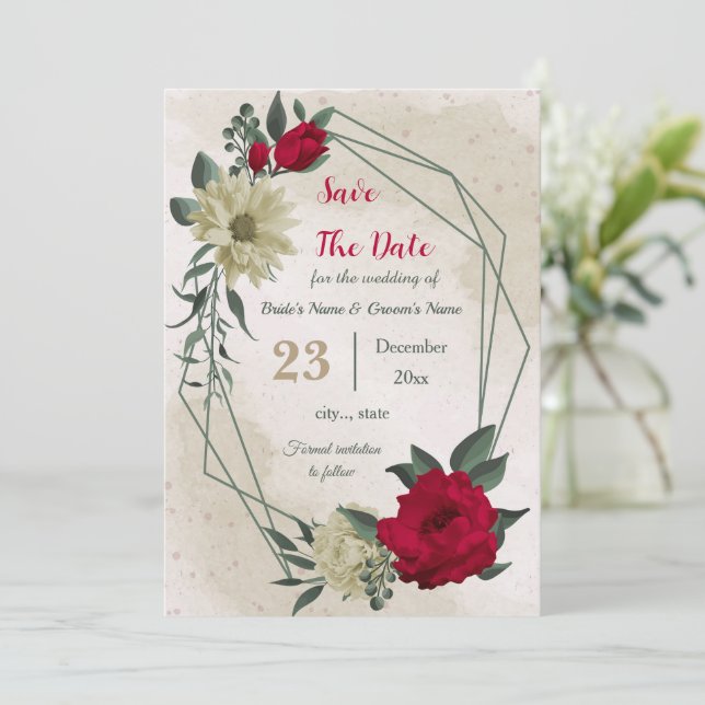 red pale yellow flowers botanical save the date (Standing Front)