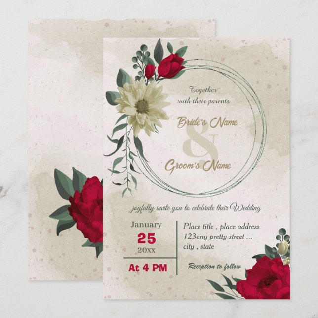 red pale yellow flowers botanical wedding  invitation (Front/Back)