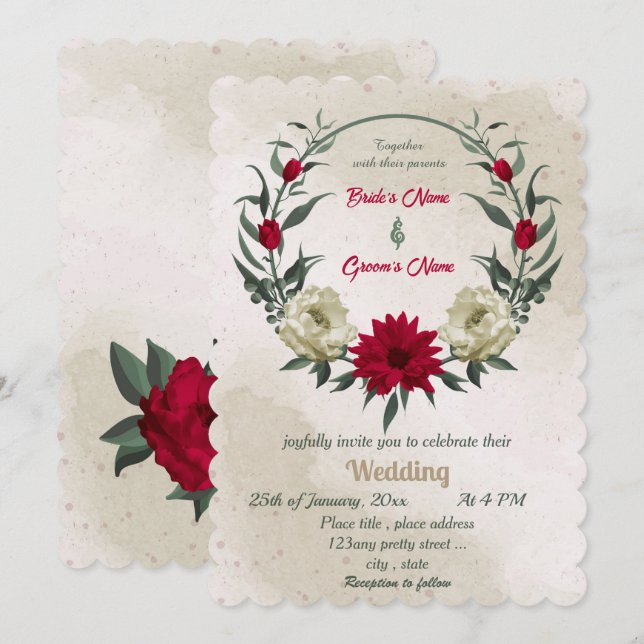 red pale yellow flowers botanical wedding  invitation (Front/Back)