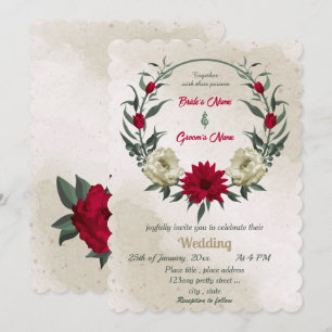 red pale yellow flowers botanical wedding  invitation