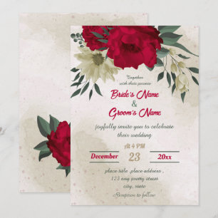 red pale yellow flowers botanical wedding invitation