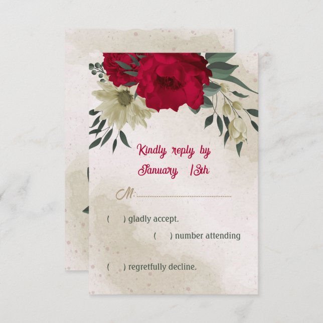 red pale yellow flowers botanical wedding  RSVP card (Front/Back)