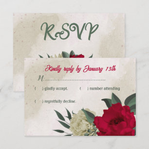red pale yellow flowers botanical wedding RSVP card