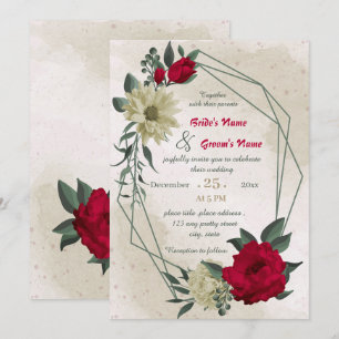 red pale yellow flowers geometric wedding  invitation