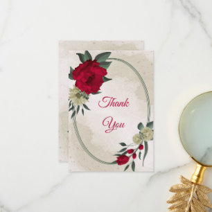 red & pale yellow flowers & green leaves thank you card
