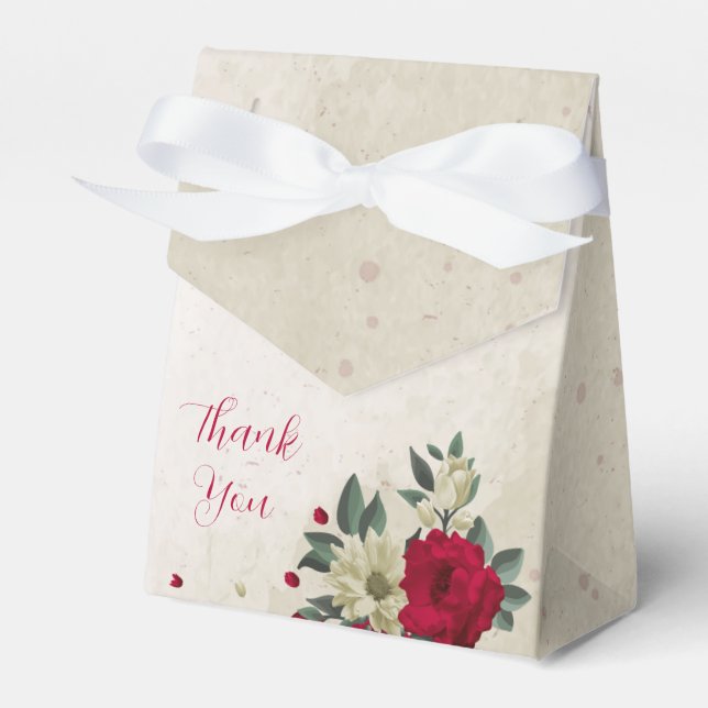red pale yellow flowers wedding favour box (Front Side)