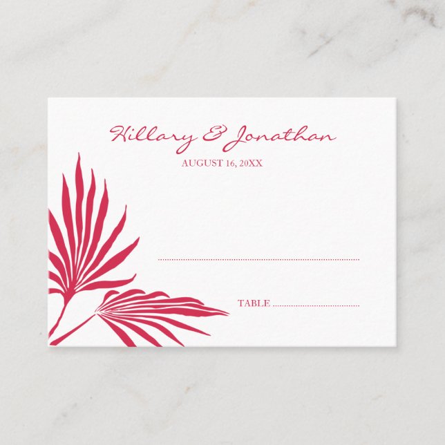 Red palm leaf wedding escort seating place card (Front)