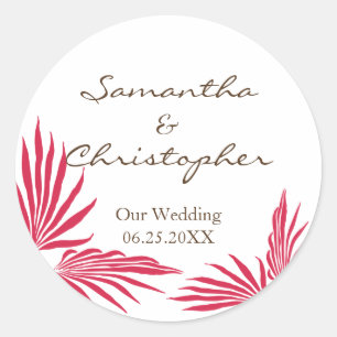 Red palm leaves tropic wedding favour seal label