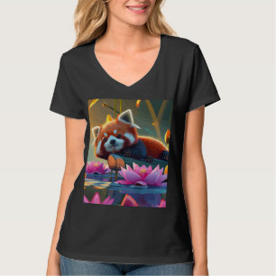 Red pand laying on a log in lotus pond T-Shirt