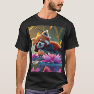Red pand laying on a log in lotus pond T-Shirt