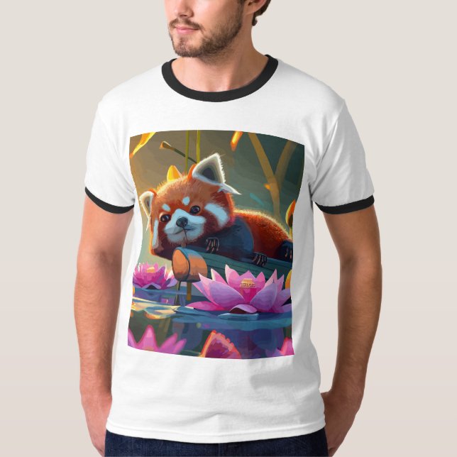 Red pand laying on a log in lotus pond T-Shirt (Front)
