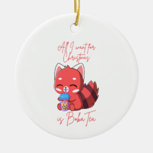 Red panda: All I want for Christmas is Boba Tea Ceramic Tree Decoration