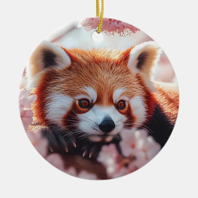 Red Panda Among Cherry Blossoms  Ceramic Tree Decoration (Front)