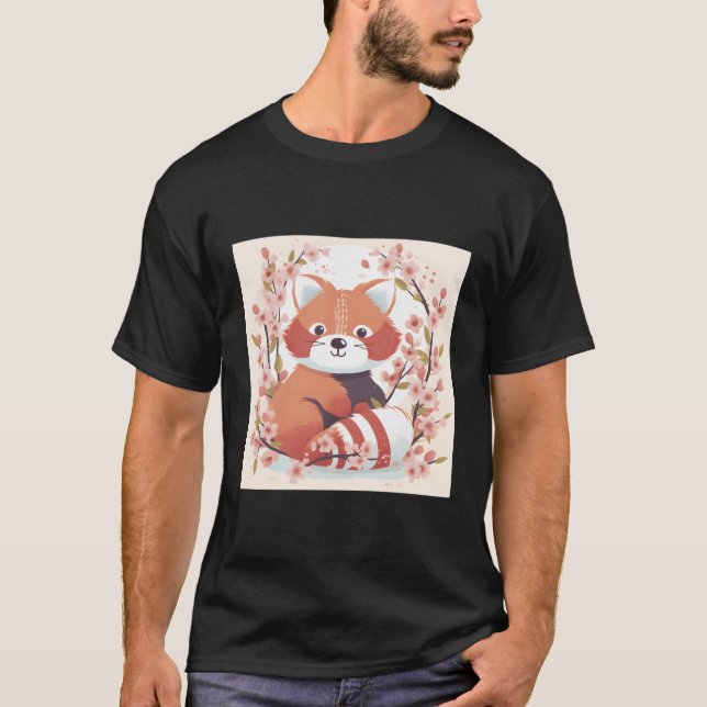 Red Panda And Cherry Blossom Doodle Sweet Illustra T-Shirt (Front)