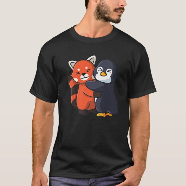 Red Panda And Penguin Cute Zoo Animals Hugging T-Shirt (Front)