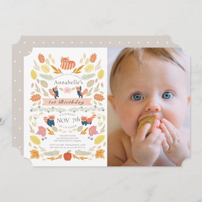Red Panda Autumn Foliage Photo 1st Birthday Invitation (Front/Back)