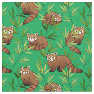 Red Panda & Bamboo Leaves Pattern Fabric