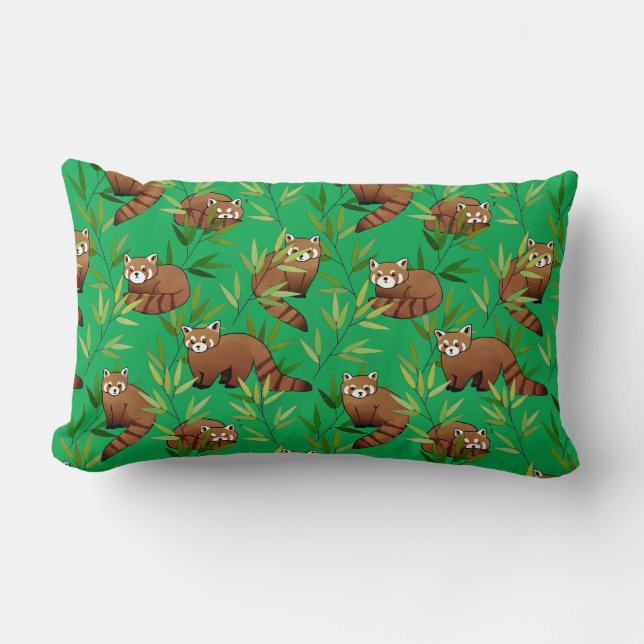Red Panda & Bamboo Leaves Pattern Lumbar Cushion (Front)