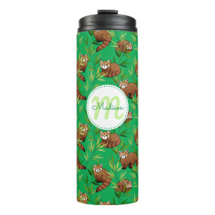 Red Panda & Bamboo Leaves Pattern & Monogram Thermal Tumbler