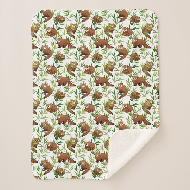 Red Panda & Bamboo Leaves Pattern Sherpa Blanket (Front)