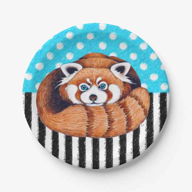 Red panda bear blue polka dot paper plate (Front)