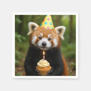 Red Panda Bear Holding a Birthday Cupcake Napkin