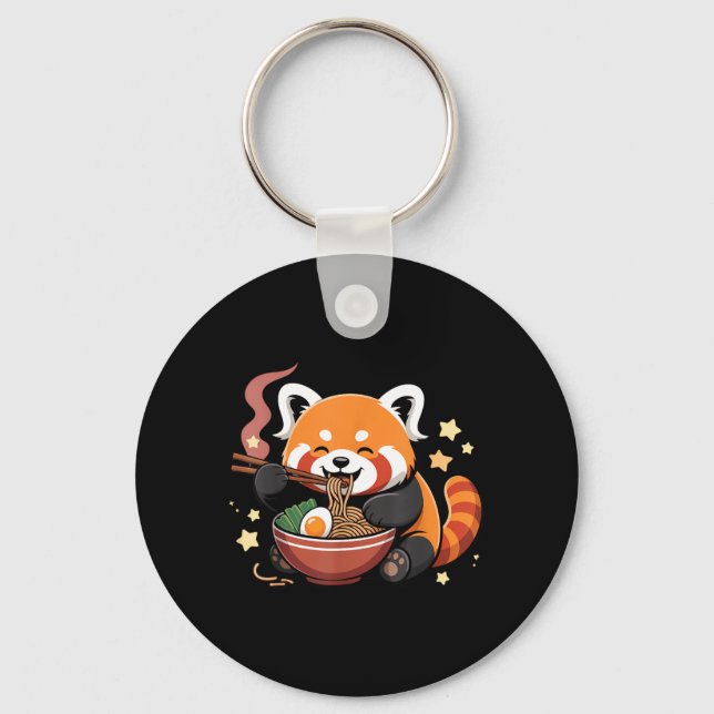Red Panda Eating Ramen Noodles Key Ring (Front)