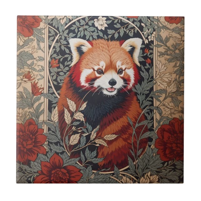 Red Panda Elegant William Morris Inspired Floral Tile (Front)