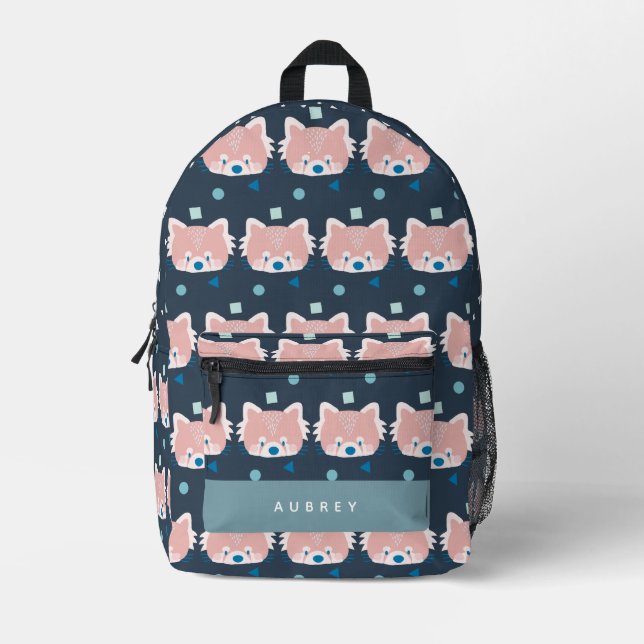 Red Panda Face/Head Pattern Navy Blue Printed Backpack (Front)