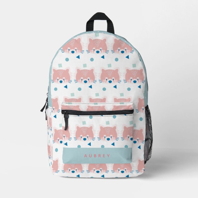 Red Panda Face/Head Pattern White & Light Blue Printed Backpack (Front)