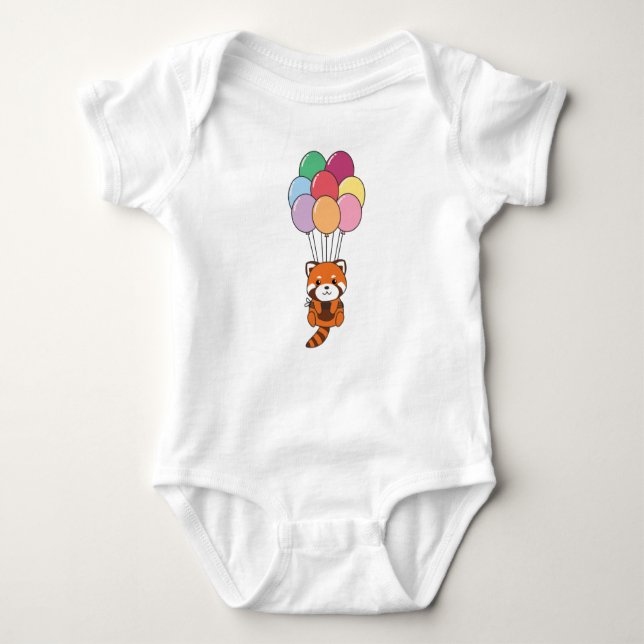 Red Panda Flies Up With Colourful Balloons Baby Bodysuit (Front)