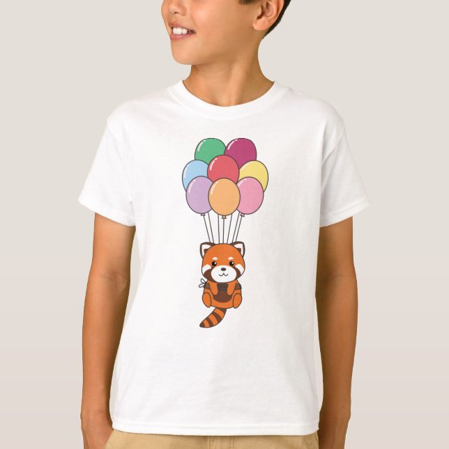 Red Panda Flies Up With Colourful Balloons T-Shirt (Front)