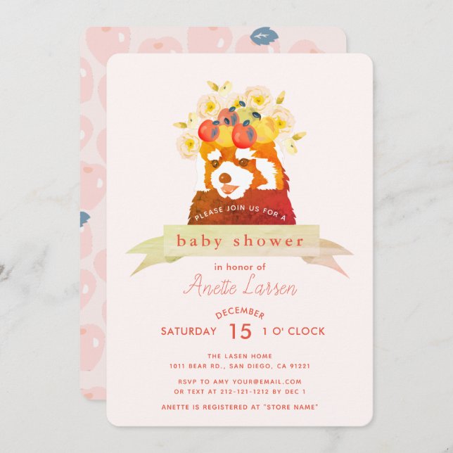Red Panda Flower Crown Girl Baby Shower Invitation (Front/Back)