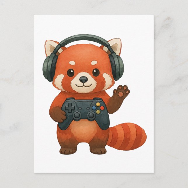 Red Panda Gamer, Gaming Controller & Headphones  Announcement Postcard (Front)