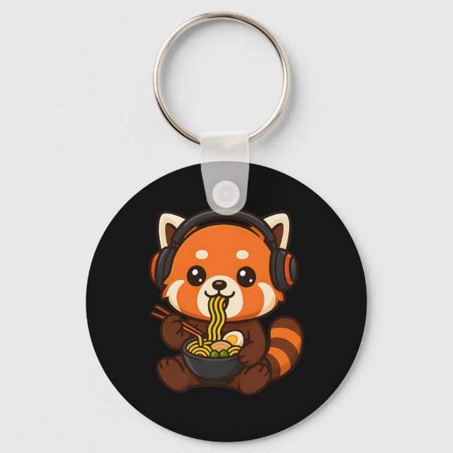 Red Panda Gaming Gamer Eating Ramen  Key Ring (Front)