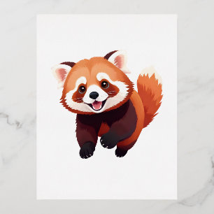 Red Panda Happy Playful Fun Jumping In The Air Joy Foil Holiday Postcard