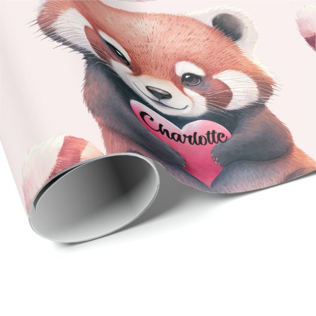 Red Panda Heart Watercolor Add Name Cute Wrapping Paper (Roll Corner)