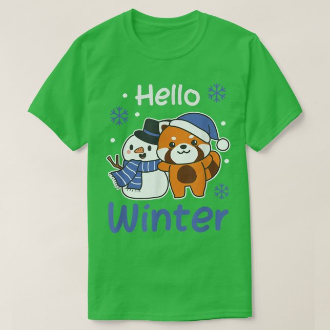 Red Panda Hello Winter Snowman Snow  T-Shirt (Design Front)
