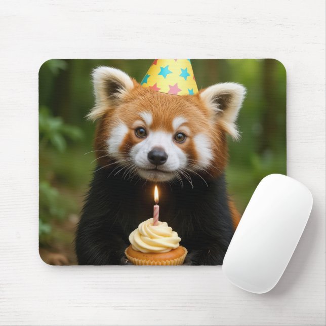 Red Panda Holding a Birthday Cupcake Mouse Pad (With Mouse)
