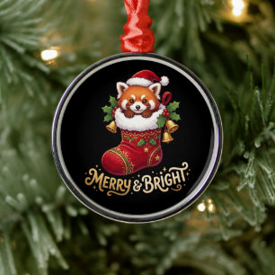Red Panda in Christmas Stocking Merry & Bright Metal Tree Decoration